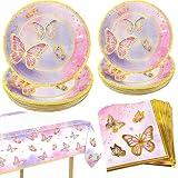 Chinthie Butterfly Party Decorations,Butterfly Plates and Napkins Tableware Set for 10 Guests Birthd