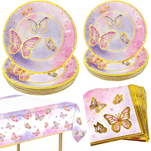 Chinthie Butterfly Party Decorations,Butterfly Plates And Napkins Tableware Set For 10 Guests Birthday Party And Girl Baby Shower Butterfly Theme Party Decorations With Butterfly Tablecloth Plastic #TOP4