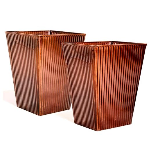 UltiTeque 18in Vintage Handmade Metal Vertical Lines Copper Tapered Planters Set of 2, Galvanized Steel Planter Box with Drainage Hole for Indoor/Outdoor/Porch/Garden