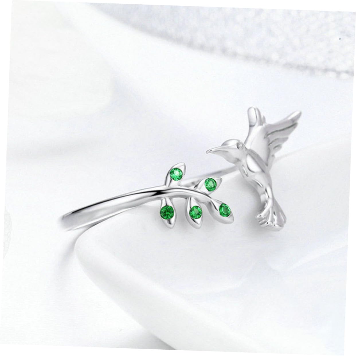 HANABASS Anillo Abierto de Colibrí y Hojas para Mujer, Joyas de Anillo Ajustable, Diseño Ligero de Metal Seguro, Moda para Chicas Adolescentes, Uso Diario, Tamaño Único, Color Platino