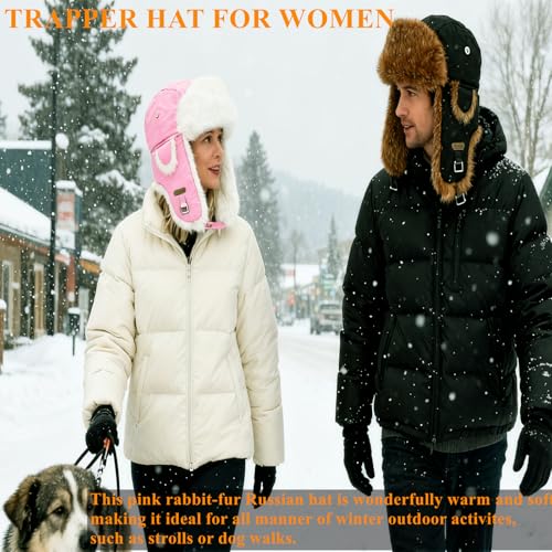 Image of Winter Trapper Hat for Men Women Warm Soft Russian Ushanka Hat Real Rabbit Fur Aviator Bomber Hats Winter Hats with Ear Flaps
