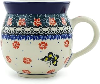 Authentic Polish Pottery Bubble Mug 12 oz in Spring Butterfly Design Handmade in Bolesławiec Poland by Ceramika Artystyczna + Certificate of Authenticity - Buy now