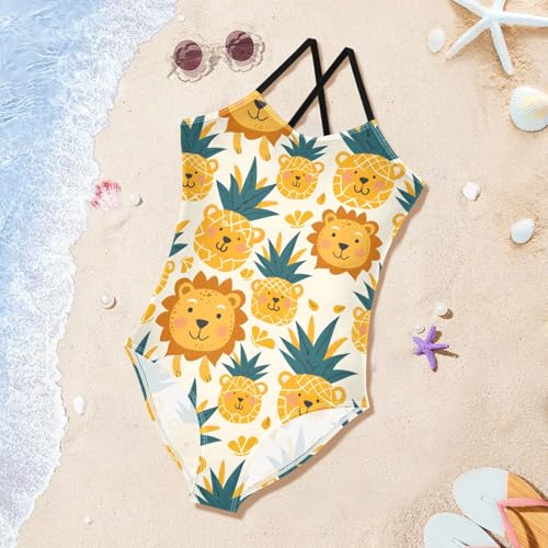 Pineapple Lion Girls One Piece Swimsuits Summer Quick Dry Beach Bathing Suit3