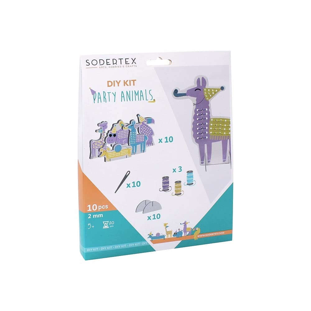 LOOLIPO - MASCOTTES À BRODER - PARTY ANIMALS - 2x5 cartes pré-trouées et imprimées + 3 fils 7 mètres + 20 socles + 10 aiguilles