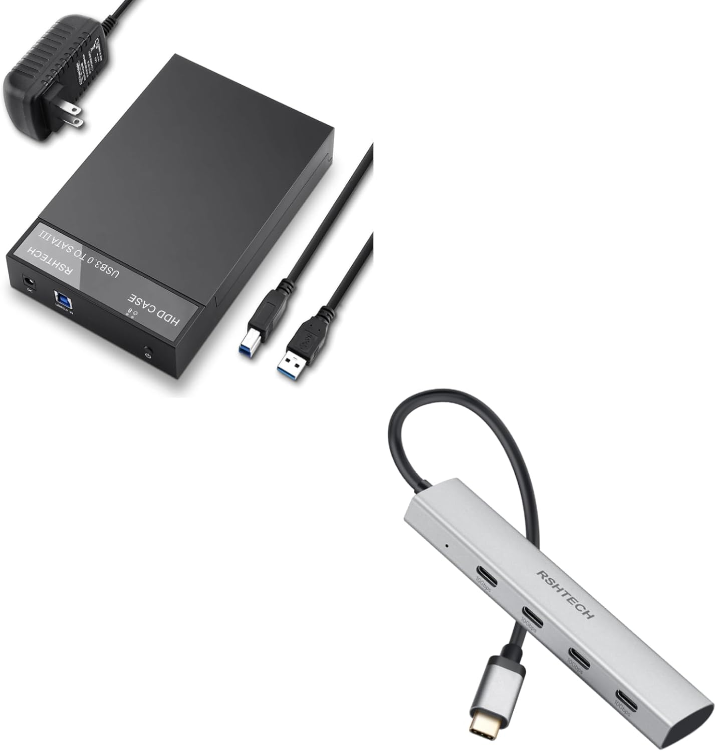 RSHTECH 3.5inch USB 3.0 to SATA External Hard Drive Enclosure+ RSHTECH 4-Port USB C to USB-C 3.2 Gen 2 Hub 10Gbps USB Dongle