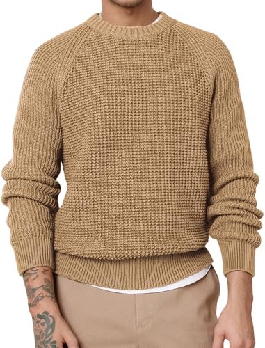 ZAFUL Men's Pullover Sweater Long Sleeve Crewneck Casual Loose Waffle Knitted Sweater (1-Camel, X-Large)