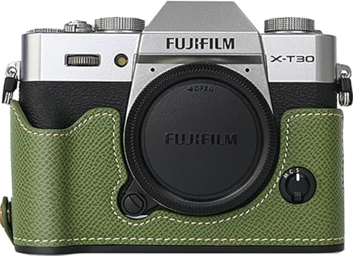 BMAOLLONGB X-T30 III/II Case Handmade Carbon Fiber PU Leather Half Camera Case Bag Cover Bottom Opening Version for Fujifilm XT30 X-T30 III/II With Hand Strap (Green)