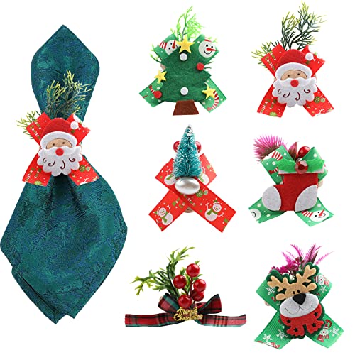 Bekeify Ronds de Serviette de Noël 6Pcs Réutilisable Boucle de Serviette en Bois De Table Sapin de Noël Porte-Serviettes Père Noël Serviette Buckles Holder Porte-Anneaux Serviette pour Fête Mariage Cover