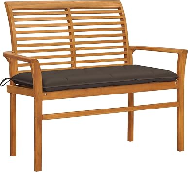 Solid Teak Wood Outdoor Garden Bench with Taupe Cushion 44 Inch Rectangular Patio Seating for 2 Person Weather-Resistant Durable Furniture