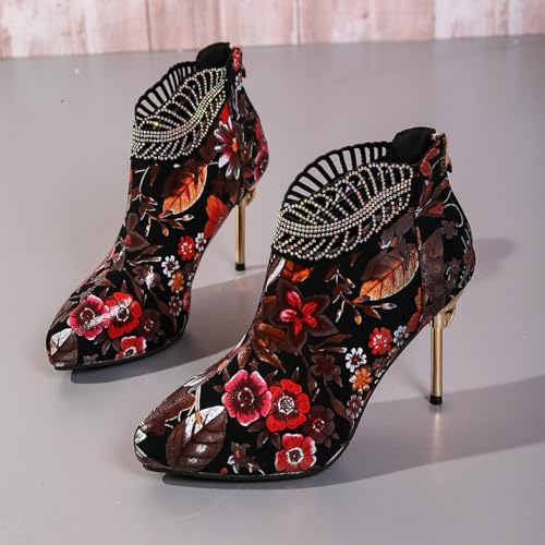 Women's Shiny Rhinestone Ankle Boots Elegant Kitten High Heels Flower Embroidery Pointed Toe Short Boots Night Club Party Shoes2