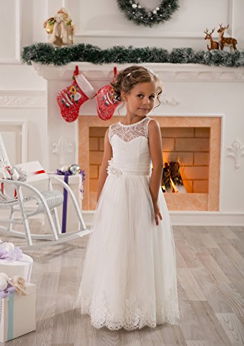 Lace Embellished A-Line Sleeveless Girls Wedding Party Dresses Size 6,Ivory #TOP2