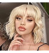 NOBLE Blonde Wig with Bangs for White Women Short Curly Wavy Bob Wigs with Bangs Heat Resistant S...