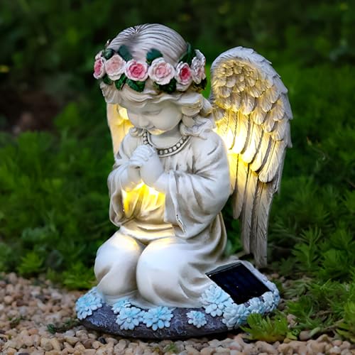 Tuzsocr Solar Engel Gartenstatuen - Betende LED-Schutzengel-Figur, Grablicht Outdoor-Dekoration, Wetterfest Grabschmuck für Friedhof, Fairy Engel Skulptur Deko Rasen, Hof, Terrasse, Fensterbank,20,5cm