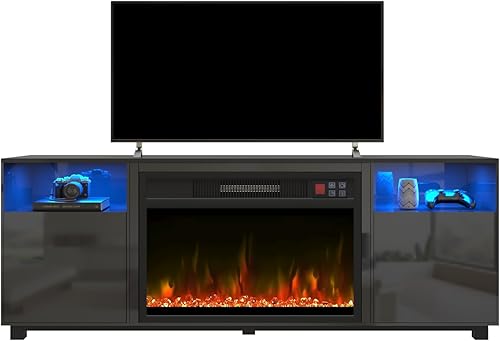 BETELNUT Soporte de TV con chimenea eléctrica de 23 pulgadas, centro de entretenimiento con luz LED de 65 pulgadas con chimenea eléctrica negra,