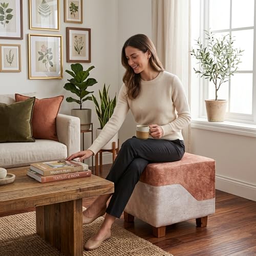 Image of APRODZ Square Printed Ottoman Stool Upholstered Foam Cushioned Pouffes for Living Room | Puffy Muddha Stool for Footrest & Sitting, Velvet Pouf Stool, Furniture for Home Decor, Office Set of 2(Beige)