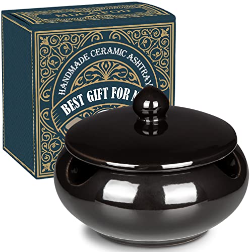 Ceramic Ashtray with Lids Cigar Accessories Outdoor Windproof Ashtrays for Cigarettes Ash Tray Gift for Men Dad Husband Boyfriend Home Ashtrays for Patio, Indoor, Outside, Office Decoration (Black)