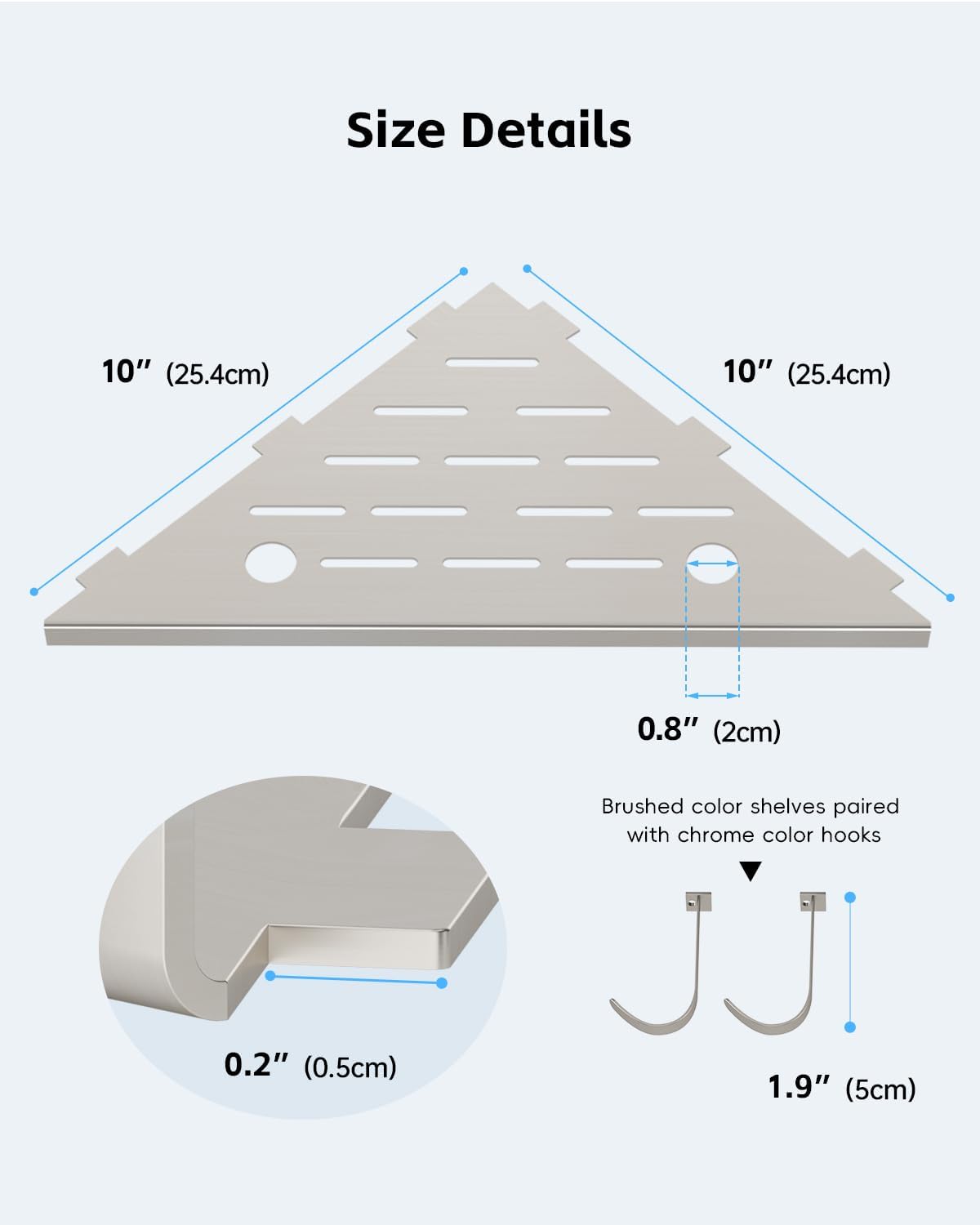 DAYONE 10" Corner Shower Shelf Brushed Nickel, 304 Stainless Steel Slot Design Recessed Corner Shelves with 2 Hooks and 4 Holes, for Bathroom Shower Kitchen 2 Pack