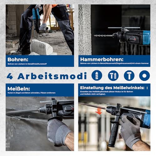 DongCheng Bohrhammer 800W, Schlagenergie 2.8 J, Leerlaufdrehzahl 0-1200U/min, mit 4 Drill Bit SDS plus, Bohren bis 26mm, 4 in 1 Bohrmaschine, Abbruchhammer, Anti-Vibrationsgriff