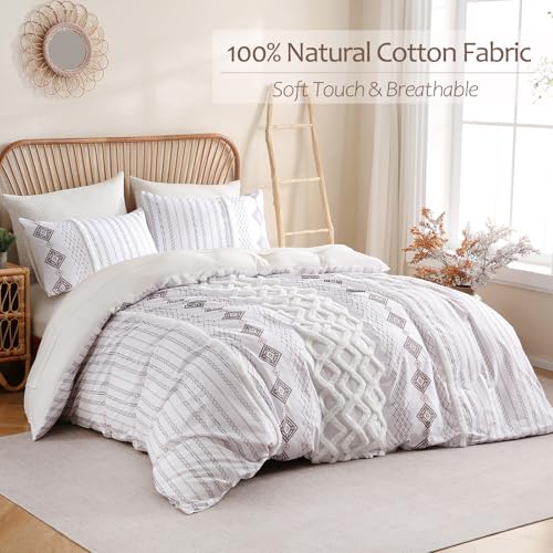 Image of MOVE OVER 100% Cotton Tufted Duvet Cover Set King Light Brown Textured Bedding Set 3 Pieces Modern Neutral Style Chenille Tufting Comforter Cover Set with Matching Pillowcases