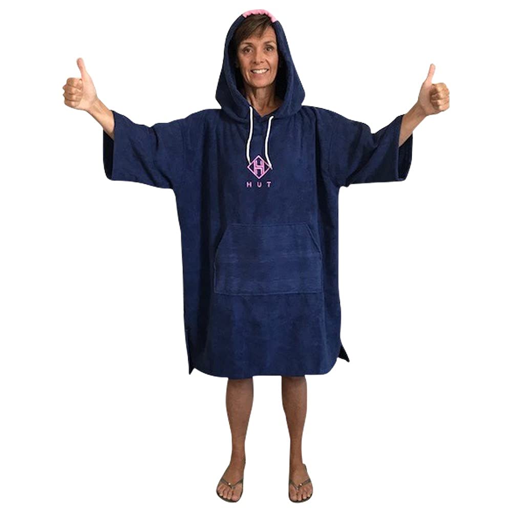 HUT Premium Hooded Changing Robe Poncho for Swim/Beach/Open Water Swimming - Quick Drying Light Microfibre Poncho for Women and Men - Blue/Pink (Medium)