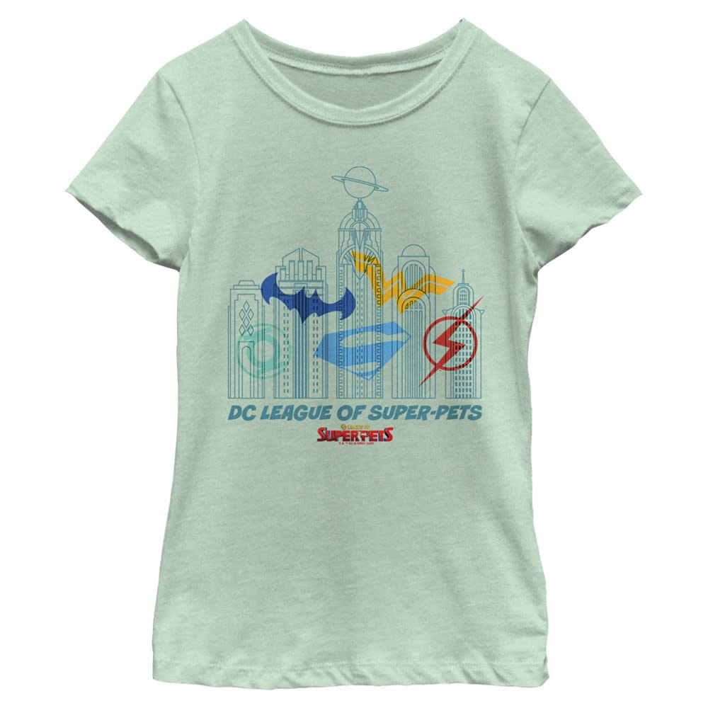 DC League of Super-Pets Girl's City Skyline T-Shirt, Mint, X-Large