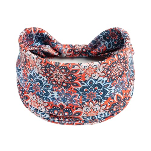Bomeirc 1 Pack Boho Headbands Stretch Paisley Print Bandana Headband Criss Cross Hair Bands Knotted Head Wrap Yoga Daily for Women and Girls (Rust Tribal)