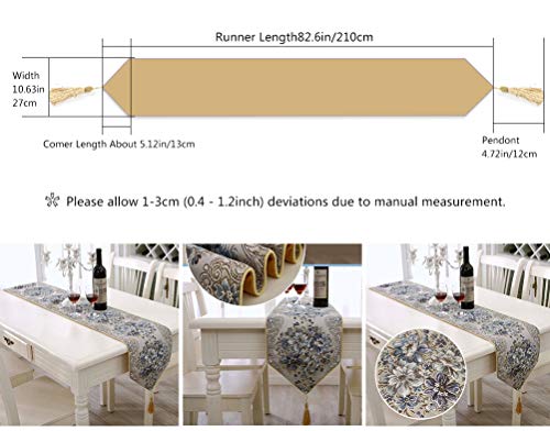 Table Runner Blue 83 Inch European Style Table Runners for Dining Room with Tassels Manual Gold Thread Luxury Classy Embroidery Floral Runner for Coffee Table Piano Dresser Hotel Home Decorations