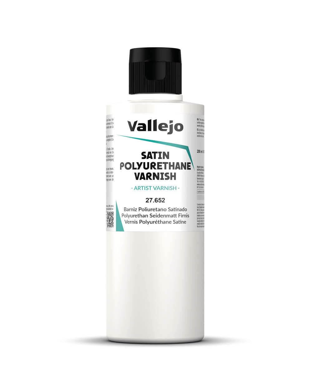 Vallejo - Polyurethane Varnish | Satin Finish 200 ml. (6.76 fl.oz.) | Extraordinary Hardness & Permanence | Create a Perfect Clear Coat | Scratch Resistant for Outdoor and Indoor Surfaces