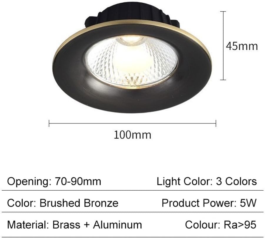 Round Brushed Brass Downlight, 5W LED Recessed Light Fixtures Ceiling Lights, Dimmable LED Recessed Light Fixtures, CRI 95+, Anti-Glare Led Can Lights for Living Room