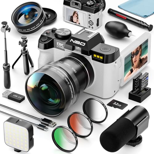NBD Appareil Photo Numérique 8K 64MP: *Kit 16-en-1* avec Autofocus, Écran Orientable 180°, Zoom 16X, WiFi, Carte 64GB + 2 Batteries (Blanc)