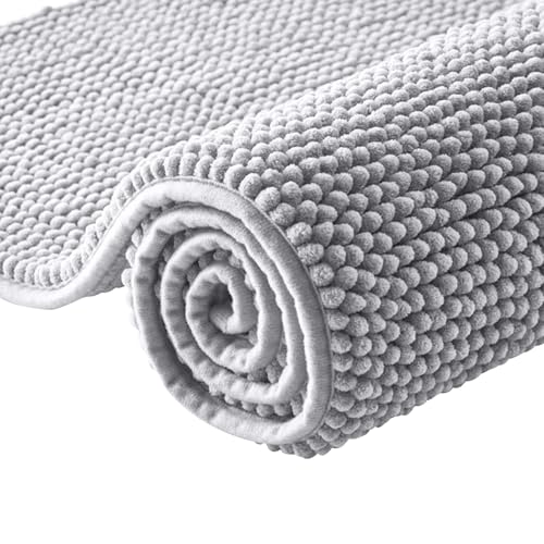 Moonlight Bedding Bath Mat Non Slip Anti Mould - Chenille Shower Mat Grey 40 x 60 cm Super Absorbent Bathroom Mat Machine Washable Extra Soft Fluffy Bathmat