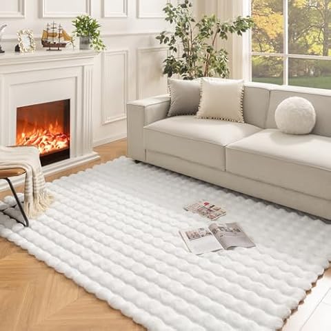 Ashler Faux Rabbit Fur Rug, White 5x7 FT Fluffy Soft Area Rug, Rectangle Fuzzy Carpet Cover