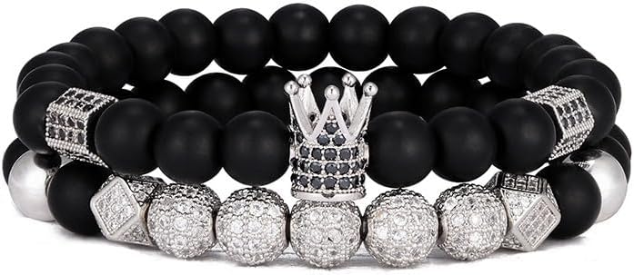 Mens Beaded Bracelets Crown King Bracelet Black Matte Onyx Stone Beads Wristband Fathers Day Birthday Jewelry Women Charm Bangle 7.5"