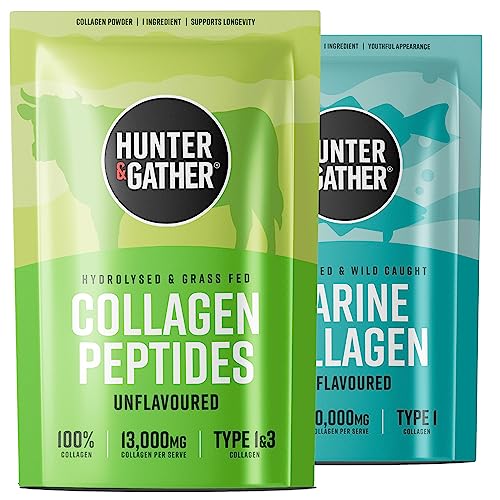Hunter & Gather Colágeno Bovino 400g y Colágeno Marino – Péptidos de Colágeno en Polvo Hidrolizado Sin Sabor para Cabello, Piel, Uñas y Músculos (Envase 100% Reciclable)