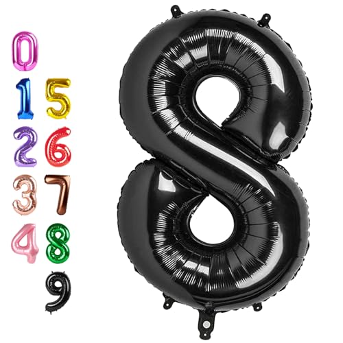 Image of 8 Balloon 40 inch Black Number Balloons for 8th Birthday Party Decoration | Saturated Color, Large 40 inch, With Inflation Straw & Hanging Holes, Great for Men's Birthday, Gothic Theme Party, Halloween