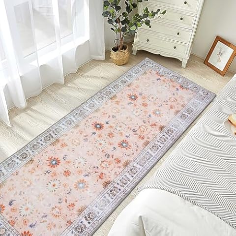 TQONEP Boho Runner Rug 2x6,Machine Washable Hallway Rug with Non-Slip Backing Stain Resistant,Vintage Boho Low Pile Carpet Runner for Entryway Bathroom Laundry Room Kitchen Bedroom (Pink Floral) Cover