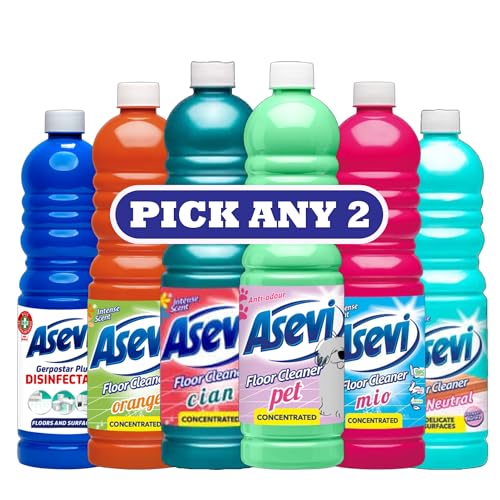 Asevi Spanish Cleaning Floor Cleaner | Pick Any 2 x 1L | Gerpostar Disinfectant, Orange, Cian, Pet, Mio, pH Neutral – Intense Scent, Concentrated Surface Cleaner