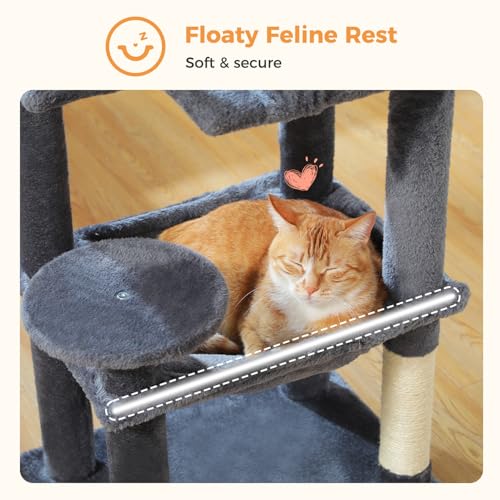 Image of MUTTROS Cat Tree for Indoor Cats, 44.5 inch Multi-Level Cat Tower with Large Metal Frame Hammock, Cat Condo with 2 Scratching Posts and Top Perch for Small to Medium Cats, Dark Gray