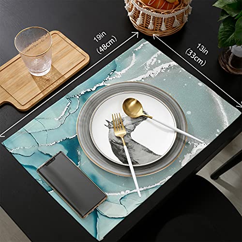 Maconaa Marble Placemats For Dining Table Set Of 6, Aqua Blue Agate Cotton Linen Place Mats For Kitchen/Dining, Non Slip, Durable, Washable Farmhouse/Modern Table Mats 13''X19'',6Pcs #TOP5