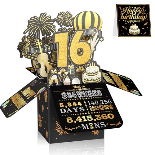 16th Birthday Card for Boys & Girls 3D Pop Up Birthday Greeting Card Black & Gold 16 Years Old Birthday Decorations & Gifts for Him or Her Ideal for Son Daughter Sister and Special Cousin