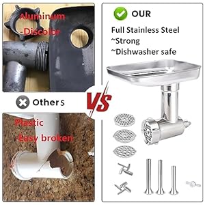 Stainless Steel Food Grinder Accessories for KitchenAid Mixers Dishwasher Safe Included 3 Sausage Stuffer Tubes and 1 Metal Attachment Knob Screw Replacement