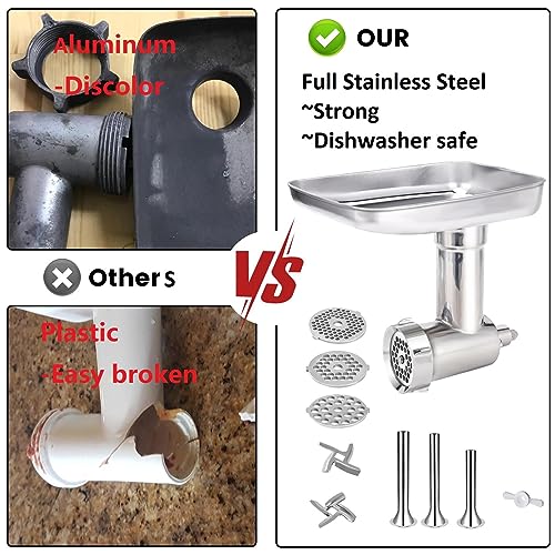 Stainless-Steel-Food-Grinder-Accessories-for-KitchenAid-Mixers-Dishwasher-Safe-Included-3-Sausage-Stuffer-Tubes-and-1-Metal-Attachment-Knob-Screw-Replacement Stainless Steel Food Grinder Accessories for KitchenAid Mixers Dishwasher Safe Included 3 Sausage Stuffer Tubes and 1 Metal Attachment Knob Screw Replacement