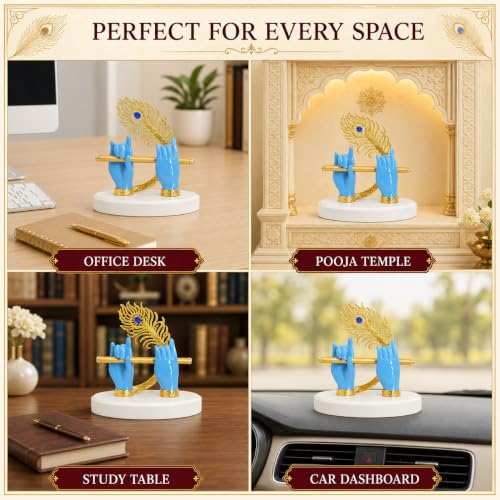 Image of CraftVatika Goldplated Krishna Hand with Flute Idol Peacock Feather Mor Pankh Showpiece,Housewarming Gift, Birthday Anniversary Wedding Janmashtami Gift,Home Decor Decoration Items for Living Room