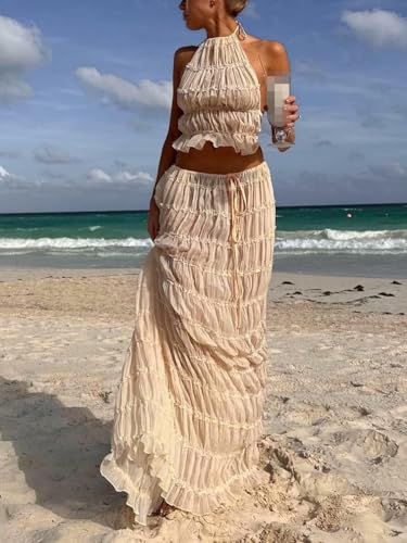 Summer Women's Y2k Maxi Skirt Lace Elastic Waist Pleated Flowy Long Skirt Beach Holiday Cocktail Club Dress4