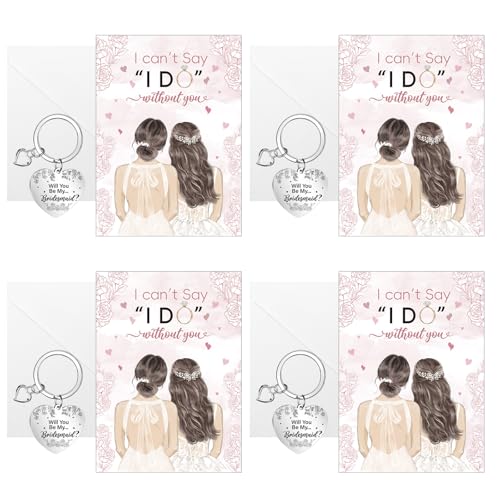 4 Sets Bridesmaid Proposal Card Will You Be My Bridesmaid with Heart Keychain Wedding Bridesmaids Invitation Card with Envelopes for Wedding Invitation Bridal Shower