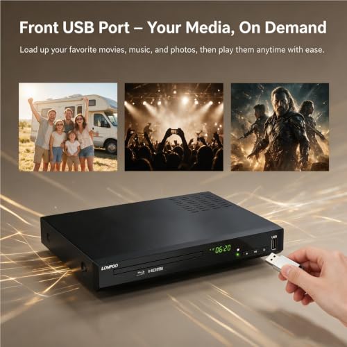 Image of LONPOO 1080P HD Blu-Ray DVD Player for TV (Metal Enclosure) | Home Theater CD DVD Blue Ray Player, Built-in PAL /NTSC, HDMI /AV Cable /Remote Control Included (Metal Enclosure)