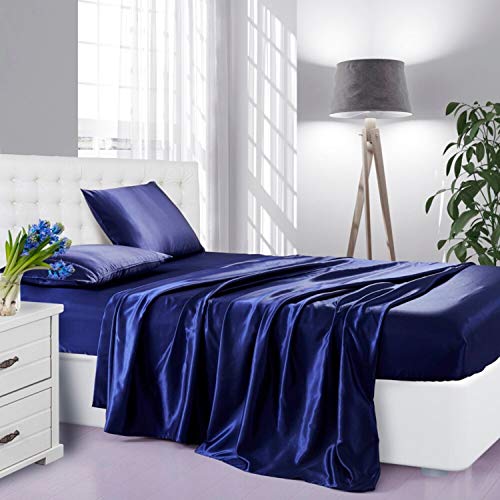 Lanest Housing Silk Satin Sheets, 4-Piece Queen Size Satin Bed Sheet Set with Deep Pockets, Cooling Soft and Hypoallergenic Satin Sheets Queen – Navy Blue