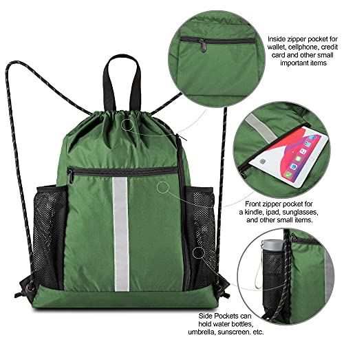 Image of BeeGreen Green Drawstring Bag Gym Cinch Backpack w Shoe Compartment and Two Side Pockets Machine Washable Sports Sinch Sack String Sackpack for Swim Equipment Beach Travel