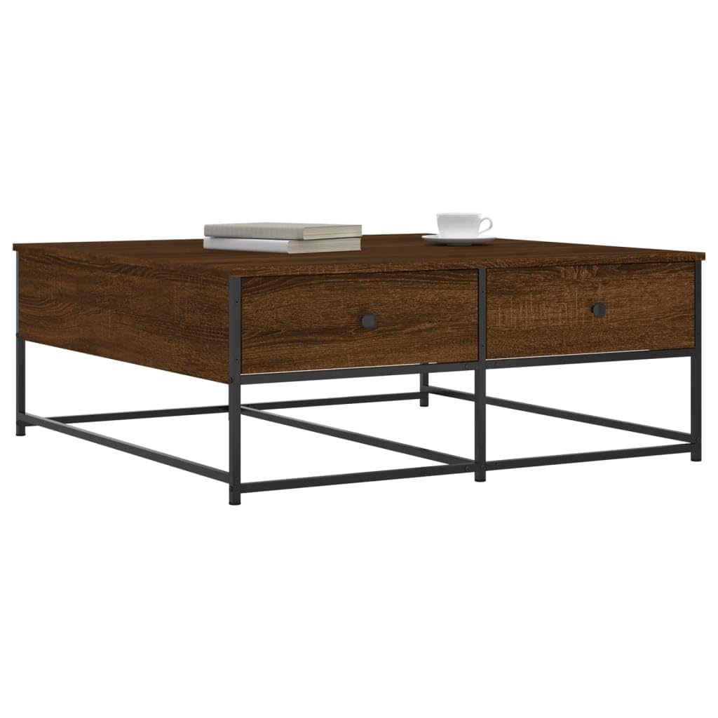 Hothingwell Inżynieria Drewniany Stolik kawowy 100x99x40 cm Brązowy | 2 szuflady do przechowywania, stabilna góra, wytrzymała metalowa rama, idealna do salonu