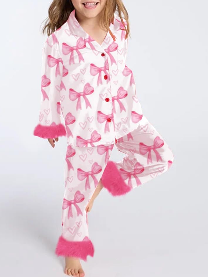 Mommy and Me Valentin's Day Feather Pajamas Set Heart Print Matching Valentin Pjs for Women Girls4
